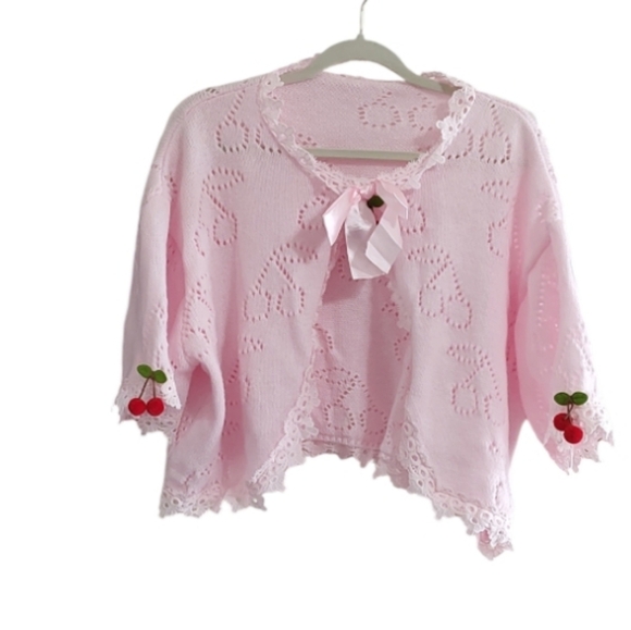 None Sweaters - Pink Cherry Pattern Knitted Short Sleeve Scalloped Hem & Cherry Appliques